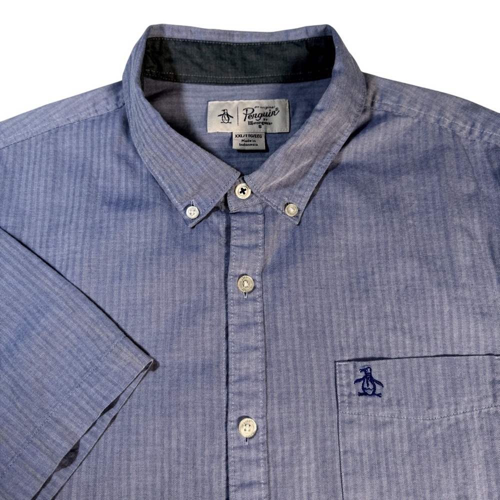 Original Penguin Mens‎ Short Sleeve Button Down Shirt Blue Herringbone XXL